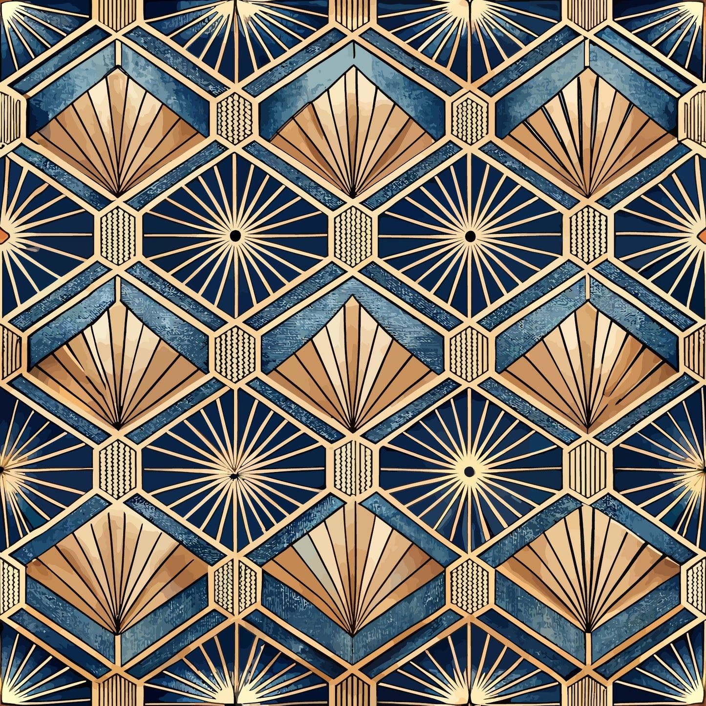 navy blue, gold, cream, copper, geometric pattern, art deco, sunburst motif, fan shapes, diamond grid, hexagonal elements, radiating lines, quilting cotton, fabric panel, vintage style, 1920s inspired, repeating pattern, metallic accents, angular design, luxury aesthetic