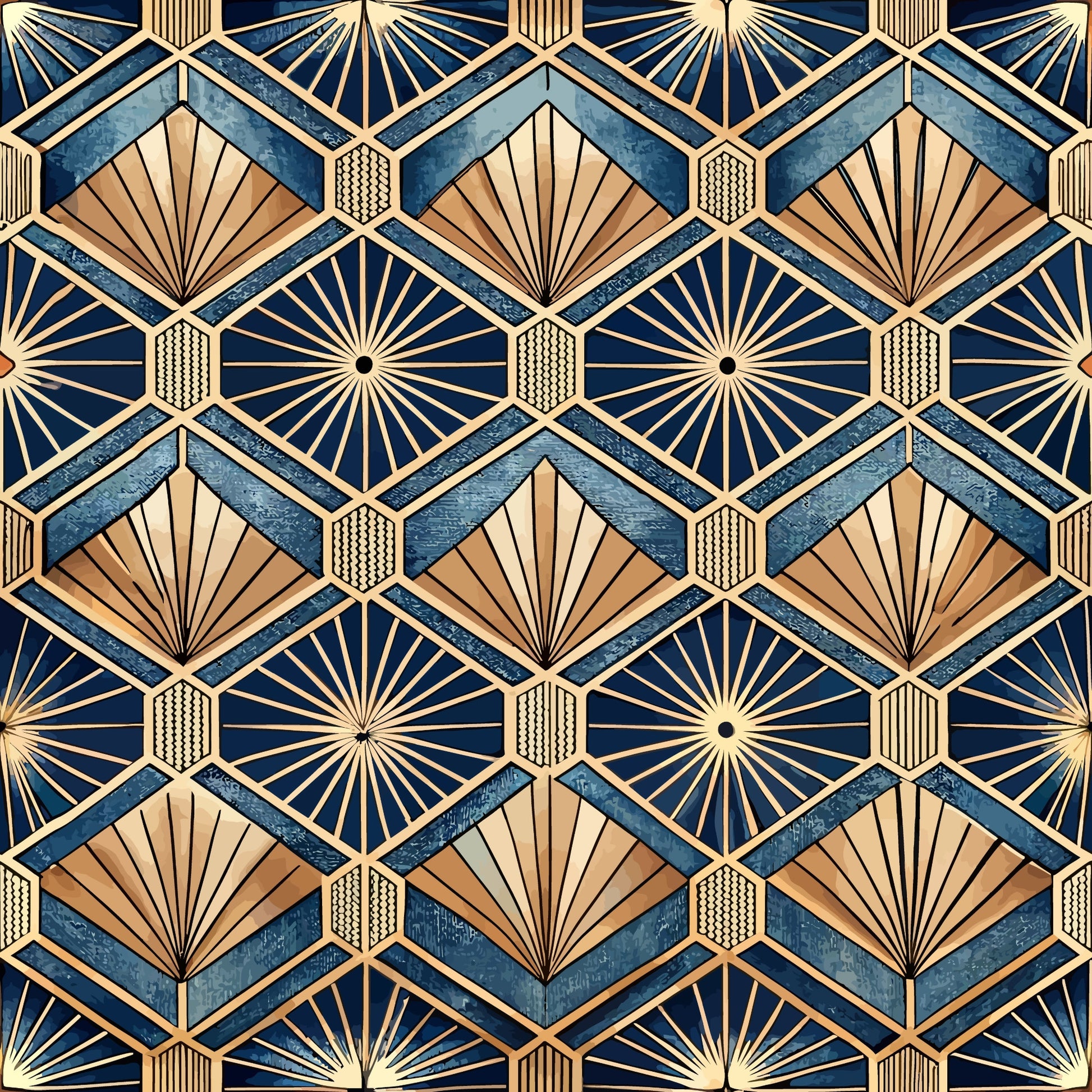navy blue, gold, cream, copper, geometric pattern, art deco, sunburst motif, fan shapes, diamond grid, hexagonal elements, radiating lines, quilting cotton, fabric panel, vintage style, 1920s inspired, repeating pattern, metallic accents, angular design, luxury aesthetic