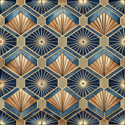 navy blue, gold, cream, copper, geometric pattern, art deco, sunburst motif, fan shapes, diamond grid, hexagonal elements, radiating lines, quilting cotton, fabric panel, vintage style, 1920s inspired, repeating pattern, metallic accents, angular design, luxury aesthetic