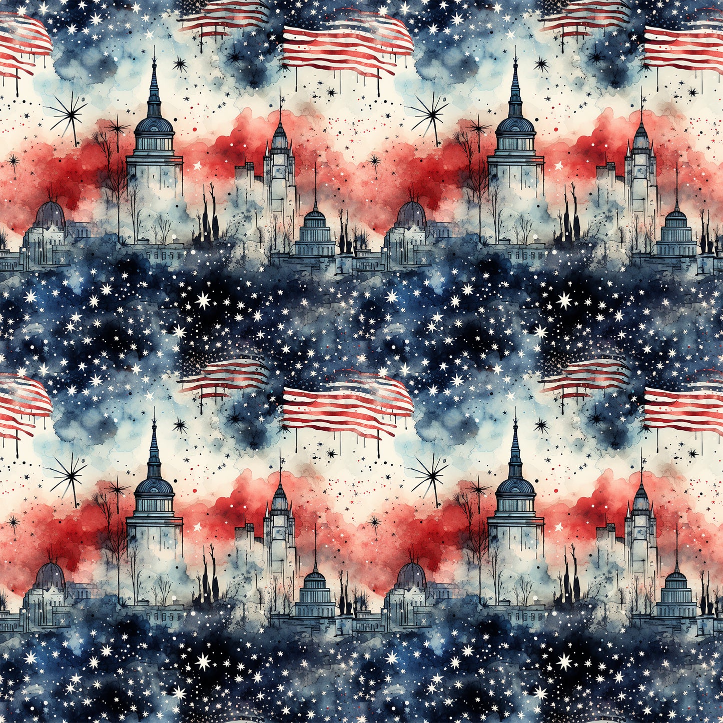 red, white, blue, navy blue, patriotic, american flag, stars, stripes, fireworks, cityscape, skyline, buildings, capitol dome, grunge, watercolor, distressed, quilting cotton, fabric panel, fourth of july, independence day, repeating pattern