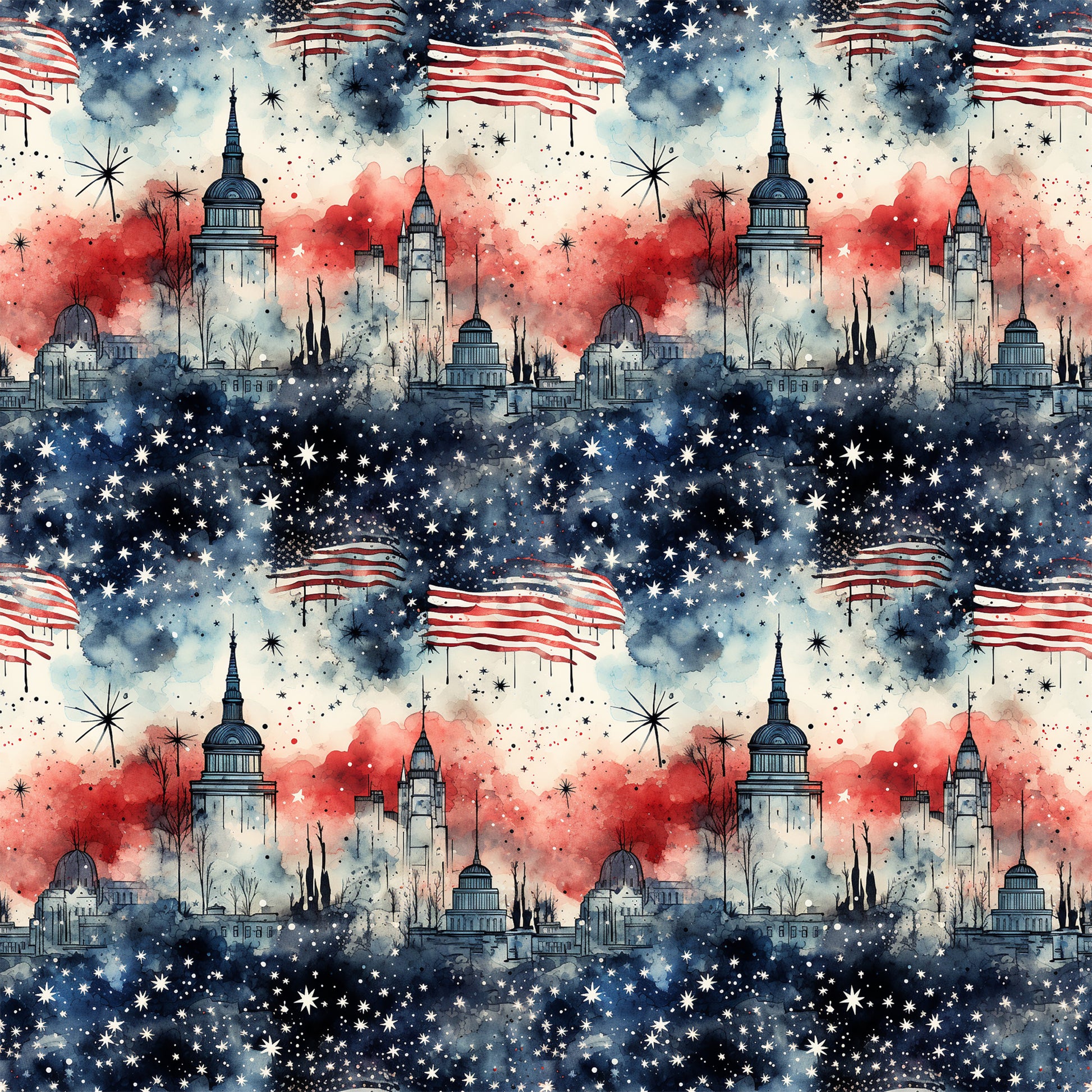 red, white, blue, navy blue, patriotic, american flag, stars, stripes, fireworks, cityscape, skyline, buildings, capitol dome, grunge, watercolor, distressed, quilting cotton, fabric panel, fourth of july, independence day, repeating pattern