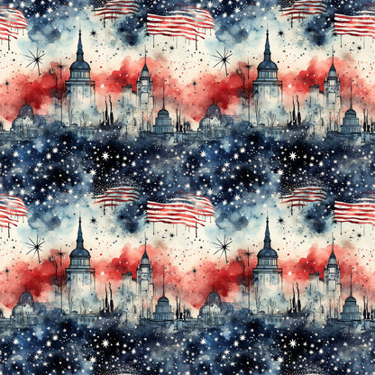 red, white, blue, navy blue, patriotic, american flag, stars, stripes, fireworks, cityscape, skyline, buildings, capitol dome, grunge, watercolor, distressed, quilting cotton, fabric panel, fourth of july, independence day, repeating pattern
