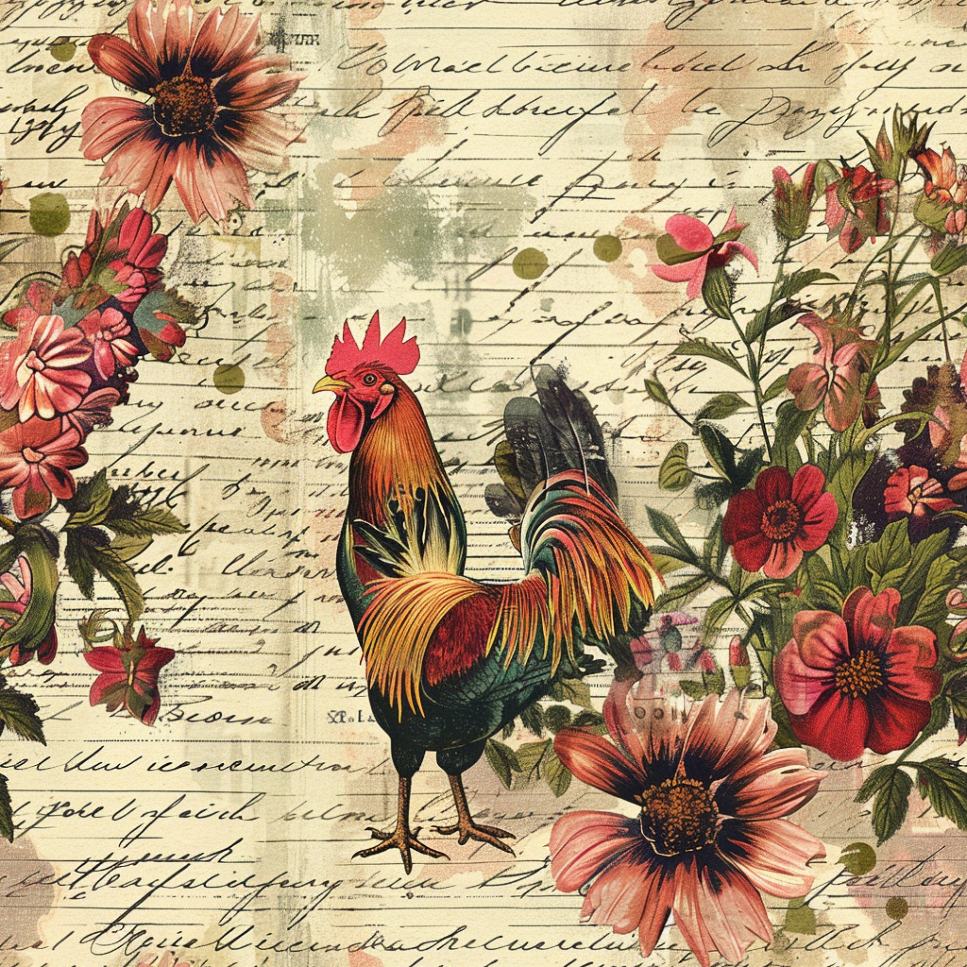 coral, pink, green, yellow, red, rooster, chicken, floral, flowers, script handwriting, vintage style, farm animals, botanical, cottage core, quilting cotton, fabric panel, country living, rustic charm, watercolor effect, antique letters