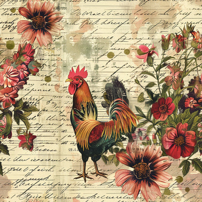 coral, pink, green, yellow, red, rooster, chicken, floral, flowers, script handwriting, vintage style, farm animals, botanical, cottage core, quilting cotton, fabric panel, country living, rustic charm, watercolor effect, antique letters