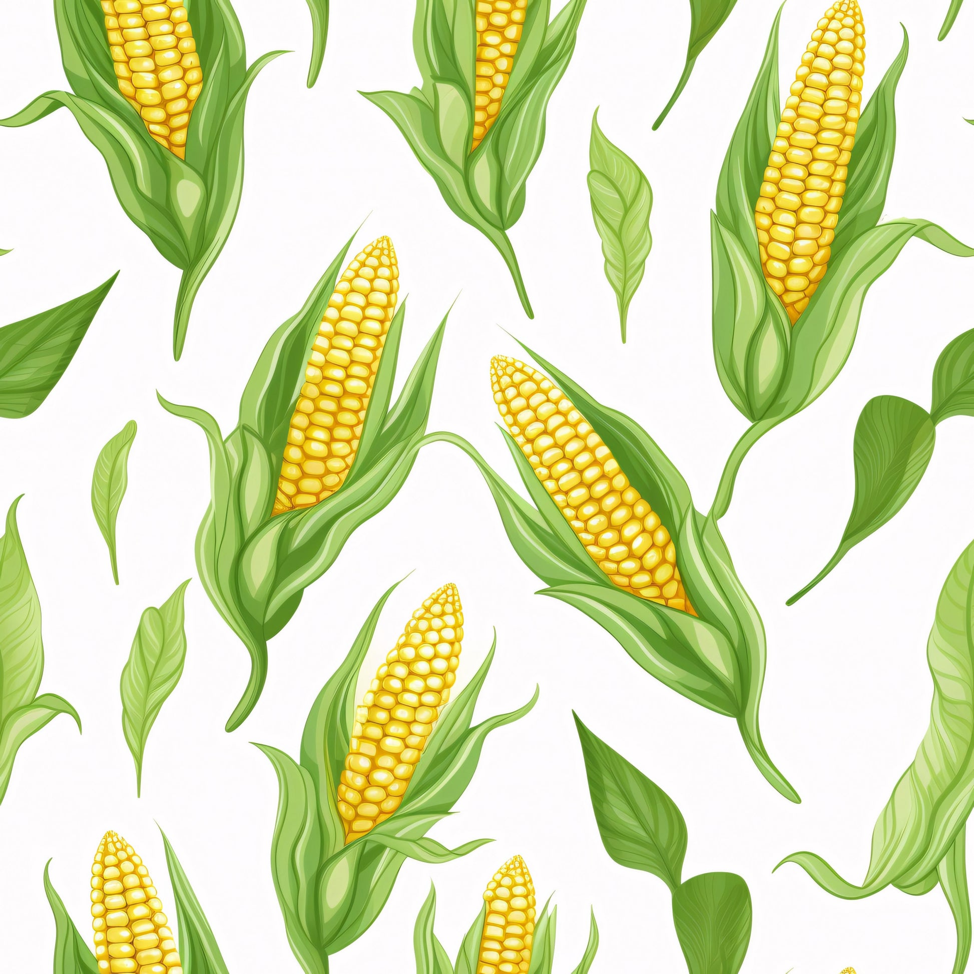 yellow corn, green husks, golden kernels, corn cobs, vegetable pattern, harvest theme, farm produce, botanical illustration, seamless repeat, quilting cotton, fabric panel, agricultural motif, summer vegetables, corn leaves, realistic style, food illustration, garden theme, yellow and green, corn stalks, farming elements