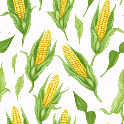yellow corn, green husks, golden kernels, corn cobs, vegetable pattern, harvest theme, farm produce, botanical illustration, seamless repeat, quilting cotton, fabric panel, agricultural motif, summer vegetables, corn leaves, realistic style, food illustration, garden theme, yellow and green, corn stalks, farming elements