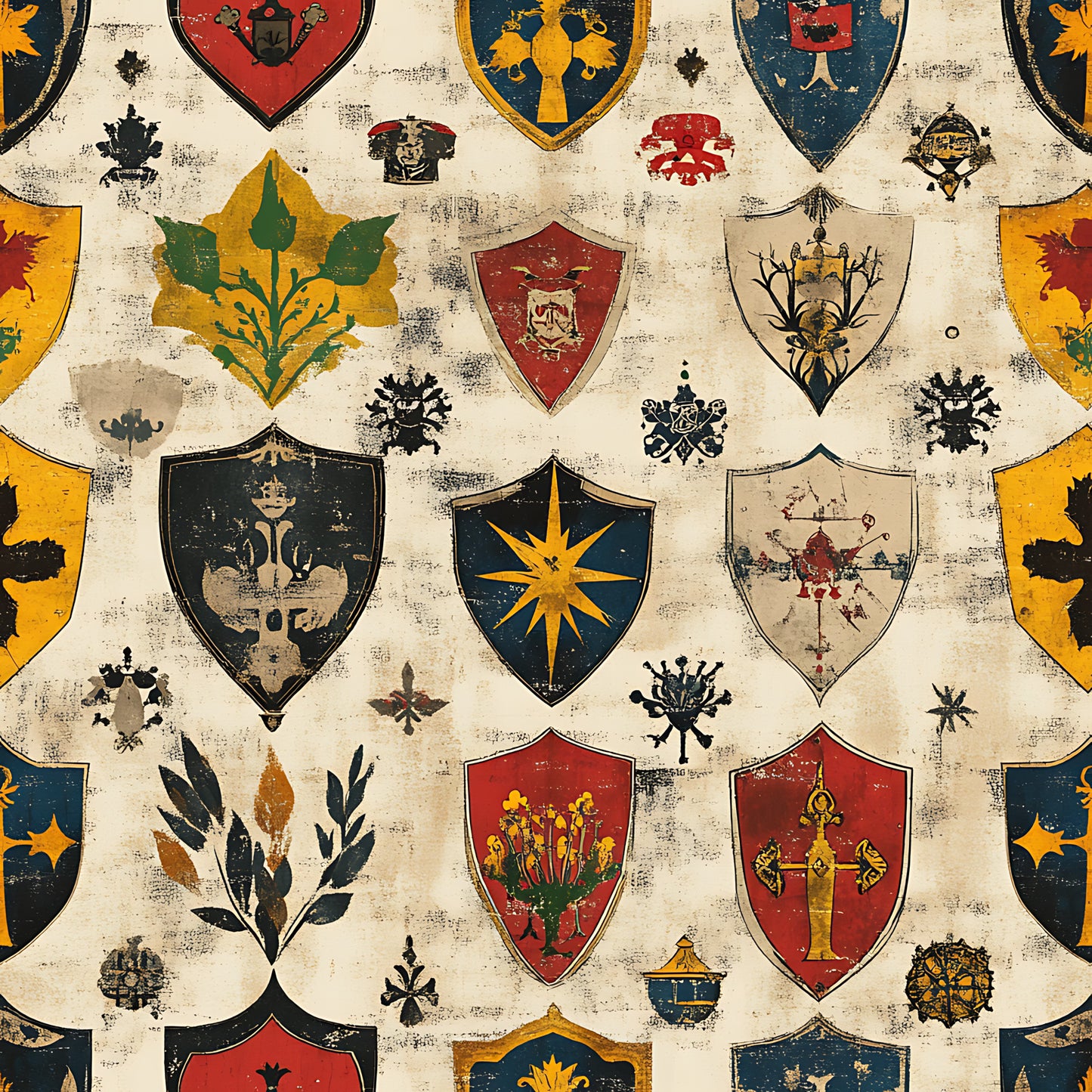 rustic shields, medieval banners, heraldic crests, coat of arms, vintage weathered, distressed texture, burgundy red, navy blue, golden yellow, cream background, botanical motifs, fleur-de-lis, cross symbols, star designs, quilting cotton, fabric panel, germanic style, aged parchment, knight emblems, decorative insignia