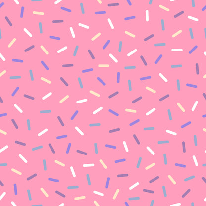 pink background, rainbow sprinkles, colorful confetti, blue sprinkles, white sprinkles, yellow sprinkles, purple sprinkles, scattered pattern, sweet treats, bakery theme, dessert motif, playful design, cheerful mood, quilting cotton, fabric panel, candy colors, celebration theme, fun pattern, whimsical style