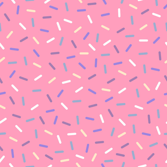 pink background, rainbow sprinkles, colorful confetti, blue sprinkles, white sprinkles, yellow sprinkles, purple sprinkles, scattered pattern, sweet treats, bakery theme, dessert motif, playful design, cheerful mood, quilting cotton, fabric panel, candy colors, celebration theme, fun pattern, whimsical style