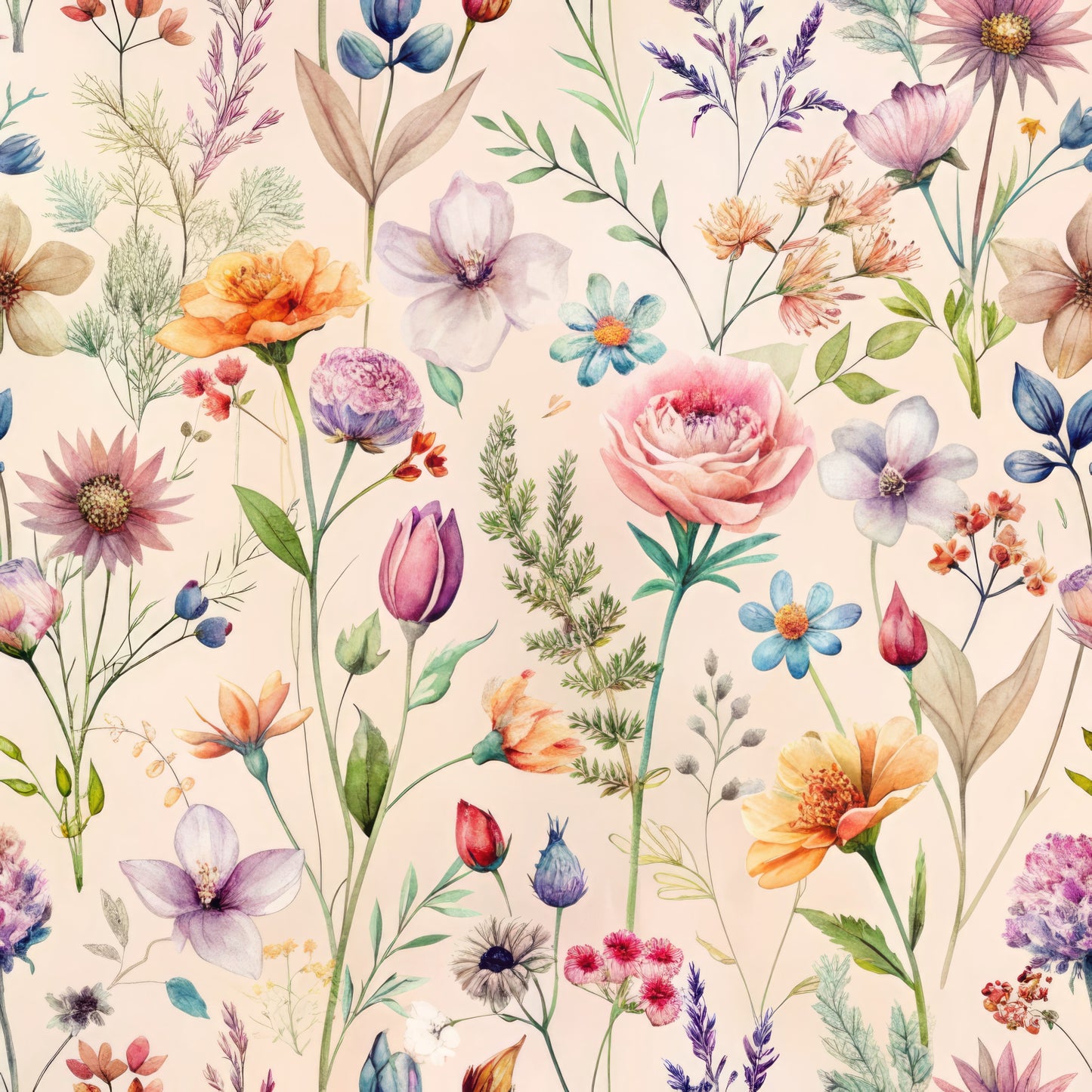 peach background, watercolor florals, wildflowers, botanical illustration, pink roses, purple tulips, orange poppies, blue daisies, lavender sprigs, delicate stems, soft pastels, whimsical flowers, quilting cotton, fabric panel, spring blooms, meadow flowers, artistic watercolor, floral motifs, nature inspired, cottage garden