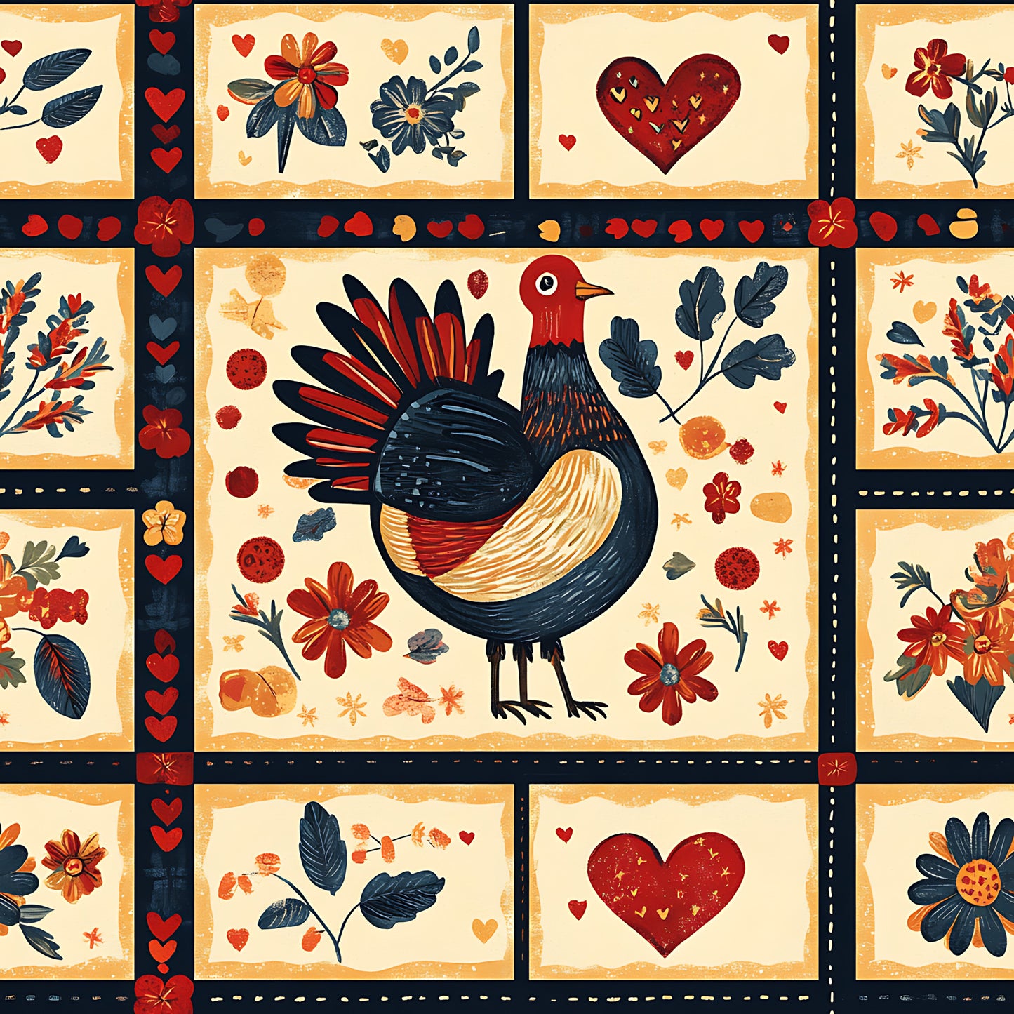 quilting cotton, fabric panel, folk art, rooster, bird, floral motifs, hearts, red, navy blue, cream, orange, botanical elements, leaves, flowers, patchwork squares, country style, warm colors, decorative borders, rustic charm, autumn tones