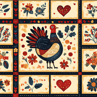 quilting cotton, fabric panel, folk art, rooster, bird, floral motifs, hearts, red, navy blue, cream, orange, botanical elements, leaves, flowers, patchwork squares, country style, warm colors, decorative borders, rustic charm, autumn tones