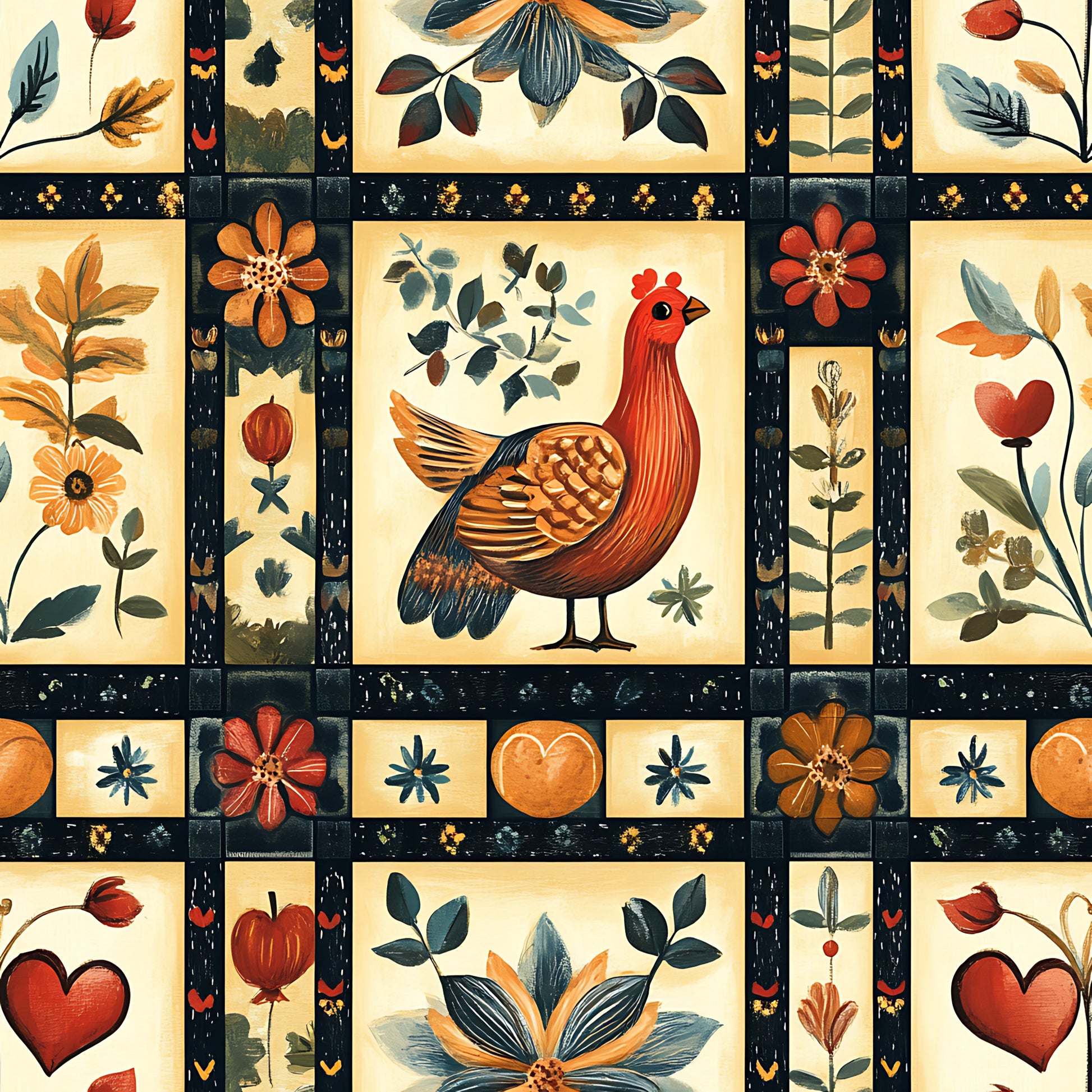 autumn colors, folk art, rooster, chicken, floral motifs, hearts, leaves, botanical elements, rust orange, deep red, navy blue, cream background, quilting panel, cotton fabric, country style, harvest theme, decorative blocks, warm tones, nature inspired, handcrafted look