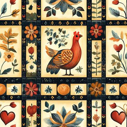 autumn colors, folk art, rooster, chicken, floral motifs, hearts, leaves, botanical elements, rust orange, deep red, navy blue, cream background, quilting panel, cotton fabric, country style, harvest theme, decorative blocks, warm tones, nature inspired, handcrafted look