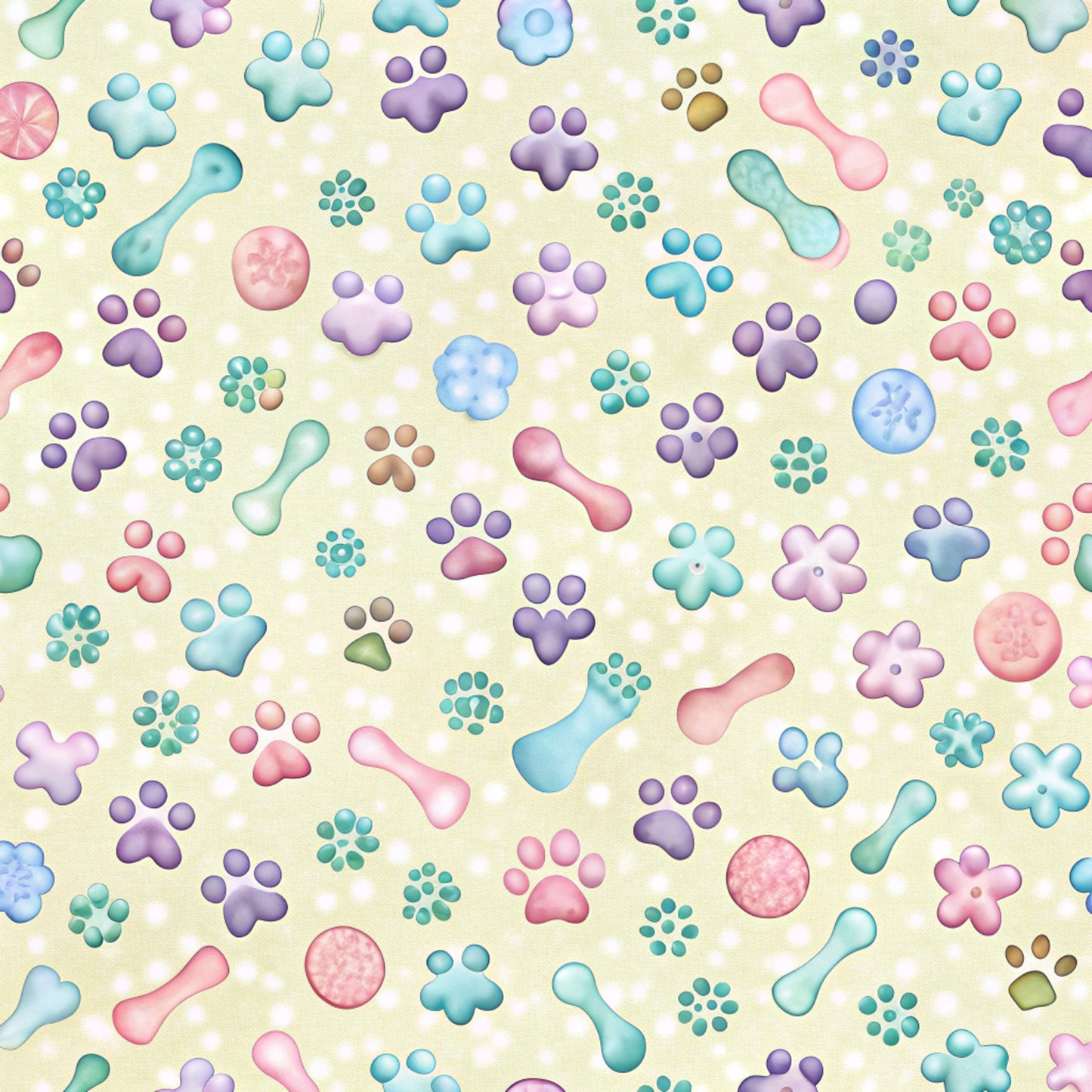 dog paws, paw prints, bone shapes, pastel colors, pink, purple, blue, teal, mint green, quilting cotton, fabric panel, pet themed, playful pattern, scattered design, soft palette, whimsical style, animal motifs, crafting fabric, sewing material, repeating pattern