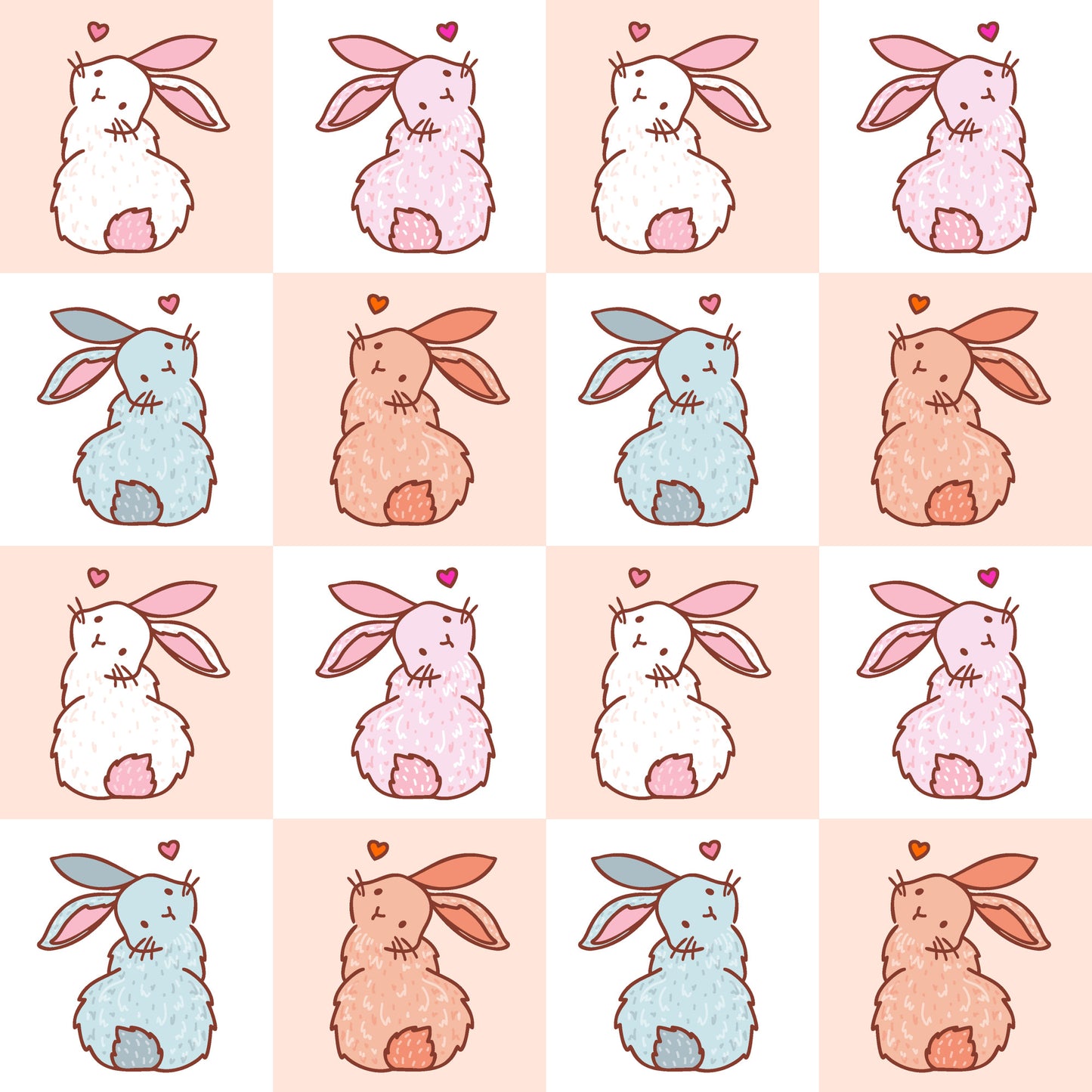 cute bunnies, easter rabbits, checkered pattern, pink palette, pastel colors, white bunnies, blue bunnies, peach bunnies, quilting cotton, fabric panel, kawaii style, adorable characters, spring theme, easter decor, soft pastels, repetitive design, bunny tails, heart accents, sitting rabbits, craft fabric