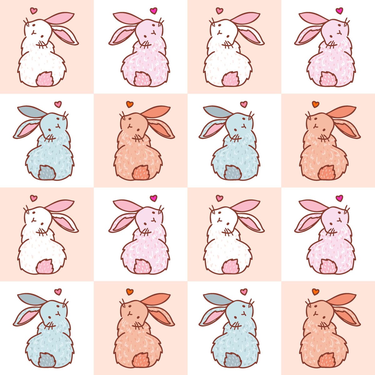 cute bunnies, easter rabbits, checkered pattern, pink palette, pastel colors, white bunnies, blue bunnies, peach bunnies, quilting cotton, fabric panel, kawaii style, adorable characters, spring theme, easter decor, soft pastels, repetitive design, bunny tails, heart accents, sitting rabbits, craft fabric