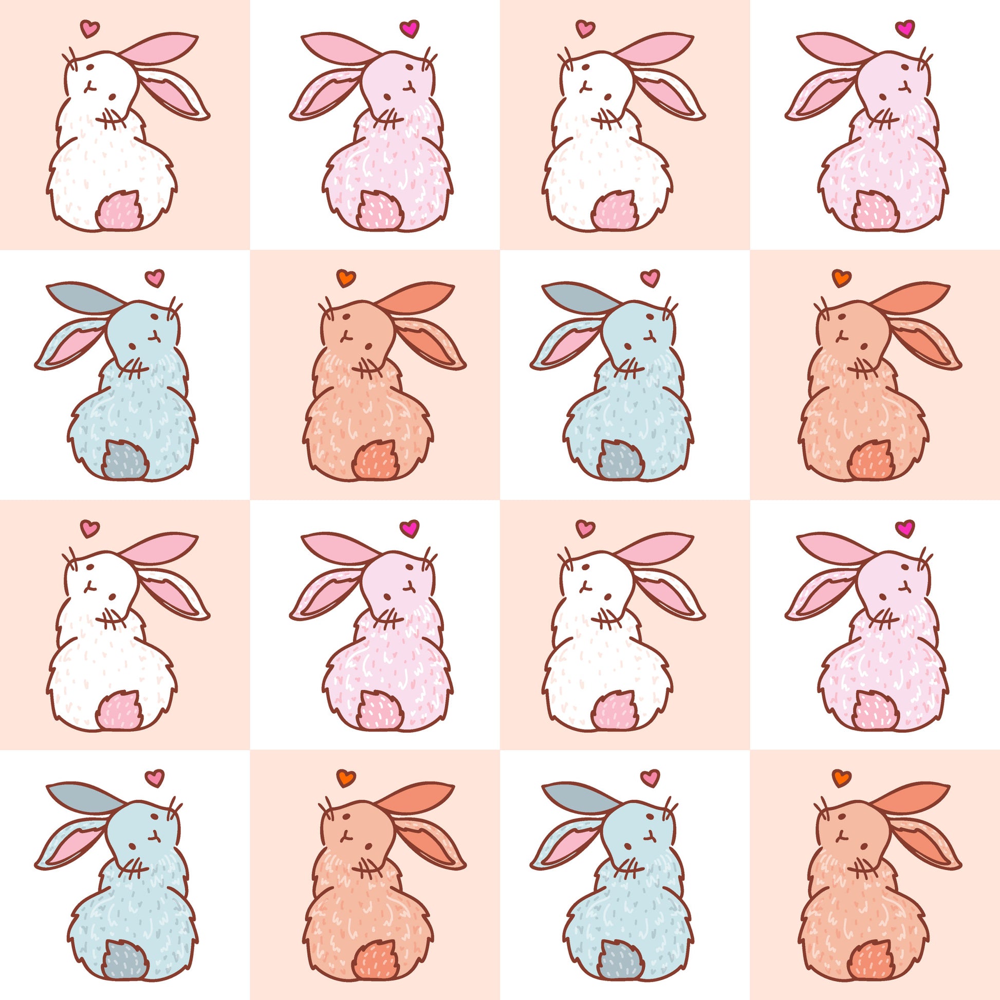 cute bunnies, easter rabbits, checkered pattern, pink palette, pastel colors, white bunnies, blue bunnies, peach bunnies, quilting cotton, fabric panel, kawaii style, adorable characters, spring theme, easter decor, soft pastels, repetitive design, bunny tails, heart accents, sitting rabbits, craft fabric