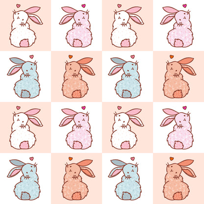 cute bunnies, easter rabbits, checkered pattern, pink palette, pastel colors, white bunnies, blue bunnies, peach bunnies, quilting cotton, fabric panel, kawaii style, adorable characters, spring theme, easter decor, soft pastels, repetitive design, bunny tails, heart accents, sitting rabbits, craft fabric