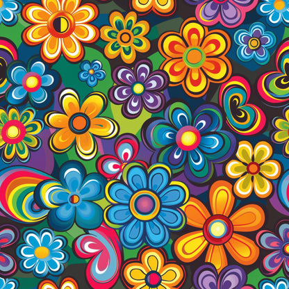 rainbow colors, hippie flowers, retro blooms, psychedelic pattern, bright orange, electric blue, hot pink, lime green, purple petals, yellow centers, groovy design, 1960s style, flower power, quilting cotton, fabric panel, vibrant floral, mod flowers, peace era, colorful blossoms, retro aesthetic