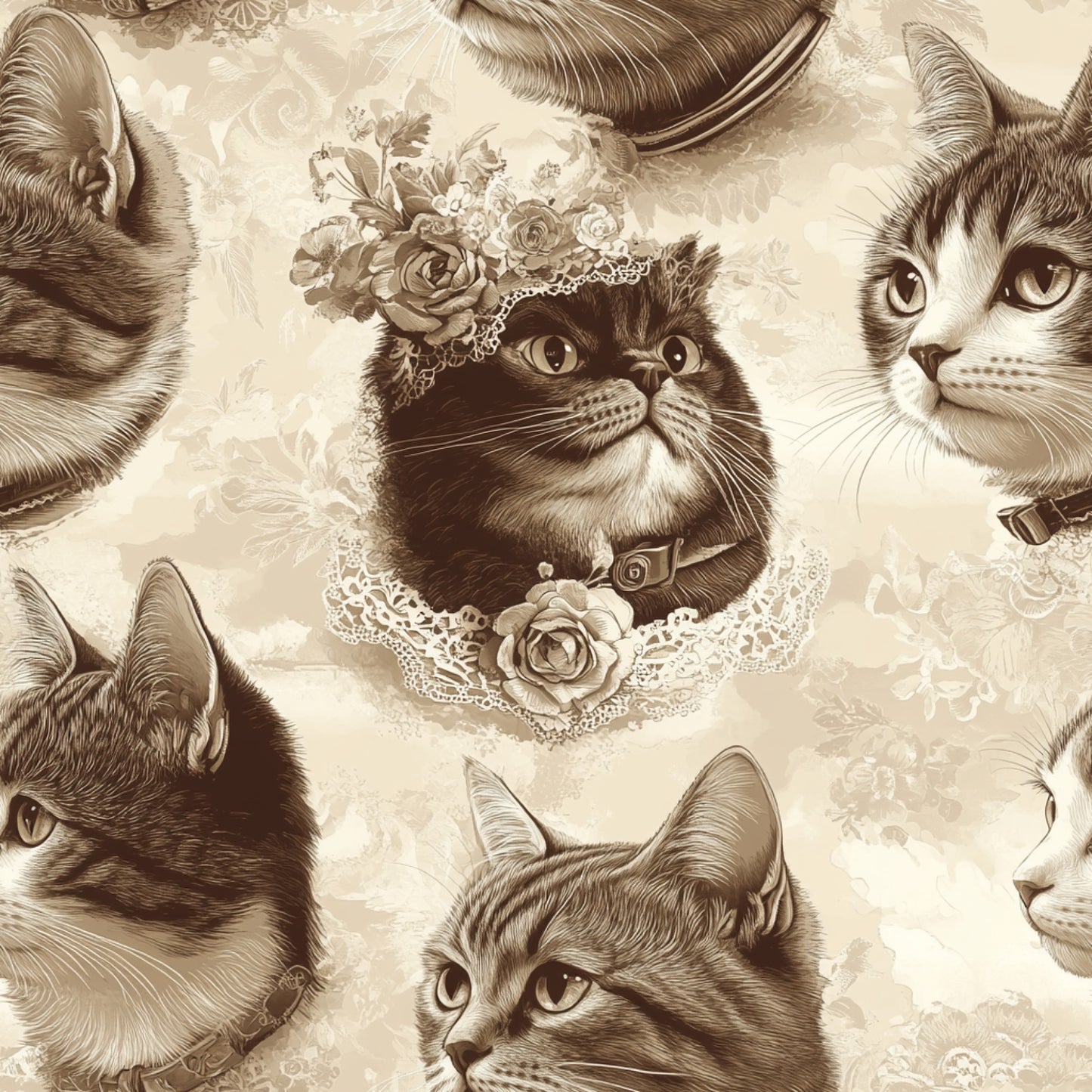 vintage cats, sepia tones, beige background, lace details, floral embellishments, roses, ornate collars, feline portraits, victorian style, quilting cotton, fabric panel, monochromatic design, detailed illustrations, pet themed, nostalgic artwork, decorative lace trim, antique aesthetic, cream colored, brown shades
