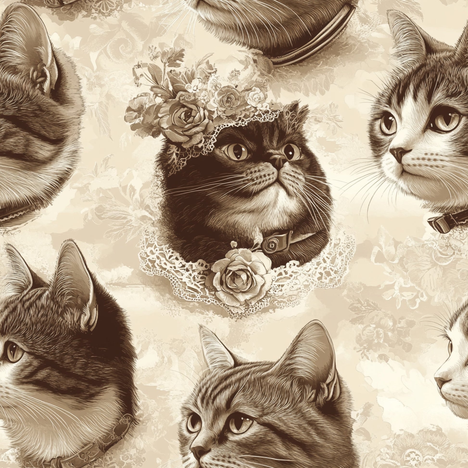 vintage cats, sepia tones, beige background, lace details, floral embellishments, roses, ornate collars, feline portraits, victorian style, quilting cotton, fabric panel, monochromatic design, detailed illustrations, pet themed, nostalgic artwork, decorative lace trim, antique aesthetic, cream colored, brown shades