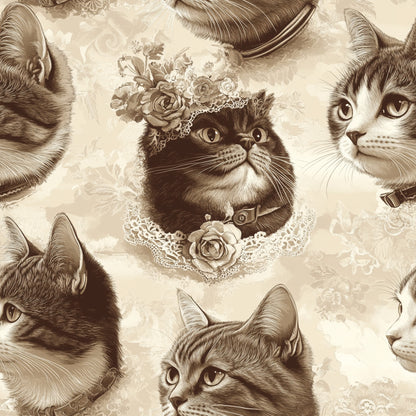 vintage cats, sepia tones, beige background, lace details, floral embellishments, roses, ornate collars, feline portraits, victorian style, quilting cotton, fabric panel, monochromatic design, detailed illustrations, pet themed, nostalgic artwork, decorative lace trim, antique aesthetic, cream colored, brown shades