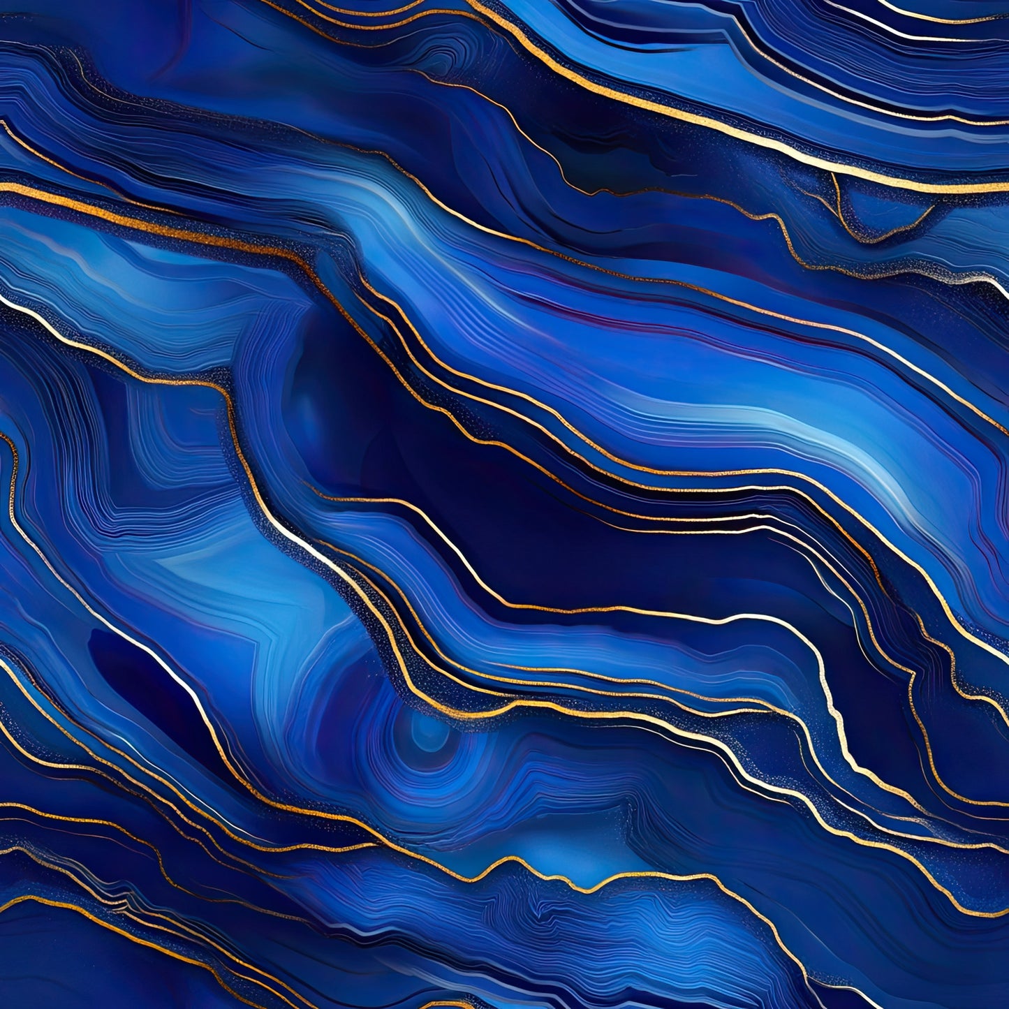 royal blue, navy blue, cobalt blue, gold accents, white highlights, agate pattern, marble texture, flowing lines, wavy stripes, geological design, abstract swirls, luxurious appearance, sophisticated mood, quilting cotton, fabric panel, mineral inspired, layered bands, organic curves, deep blues, metallic gold