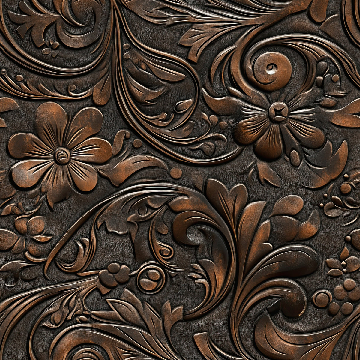brown, copper, bronze, dark leather, embossed leather, floral scroll, ornate carving, western tooling, leather work, swirling vines, raised relief, dimensional flowers, cowboy style, rustic texture, quilting cotton, fabric panel, rodeo theme, saddle pattern, tooled leather look, western motifs