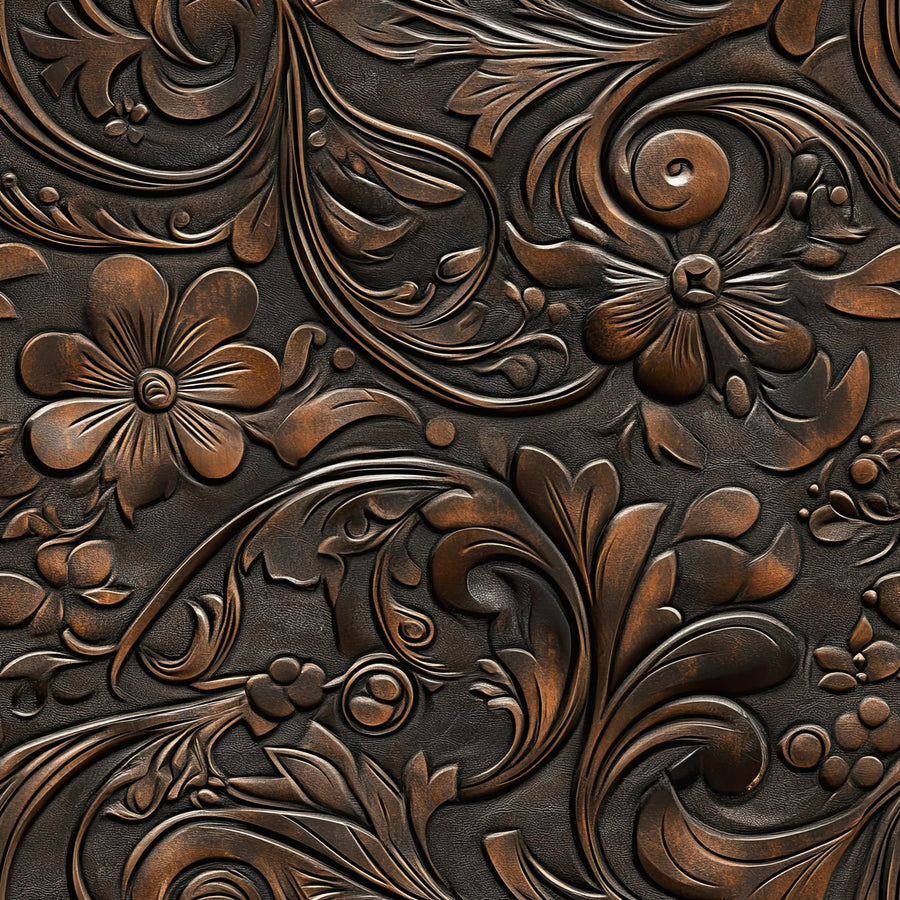 brown, copper, bronze, dark leather, embossed leather, floral scroll, ornate carving, western tooling, leather work, swirling vines, raised relief, dimensional flowers, cowboy style, rustic texture, quilting cotton, fabric panel, rodeo theme, saddle pattern, tooled leather look, western motifs