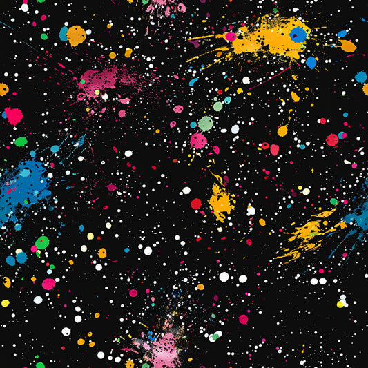 paint splatter, glitter effect, black background, bright colors, pink splatters, blue paint, yellow drops, orange spots, white dots, green accents, red splashes, colorful drips, abstract pattern, artistic design, modern art, vibrant colors, cotton fabric, quilting panel, contemporary style, energetic mood
