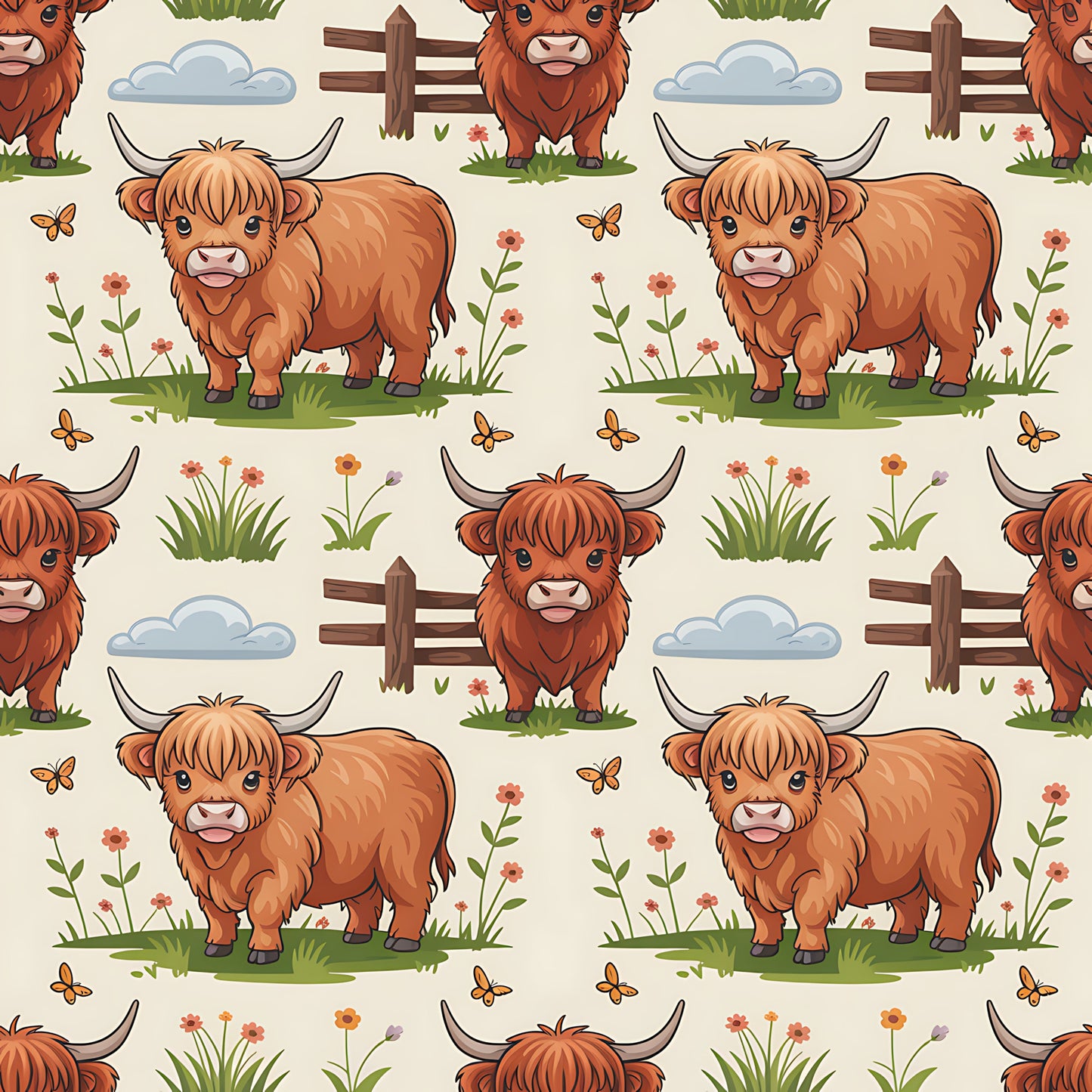 Cartoon Highland Cows Pattern 12 Quilting Cotton Fabric