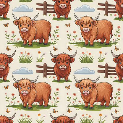 Cartoon Highland Cows Pattern 12 Quilting Cotton Fabric