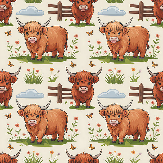 Cartoon Highland Cows Pattern 12 Quilting Cotton Fabric
