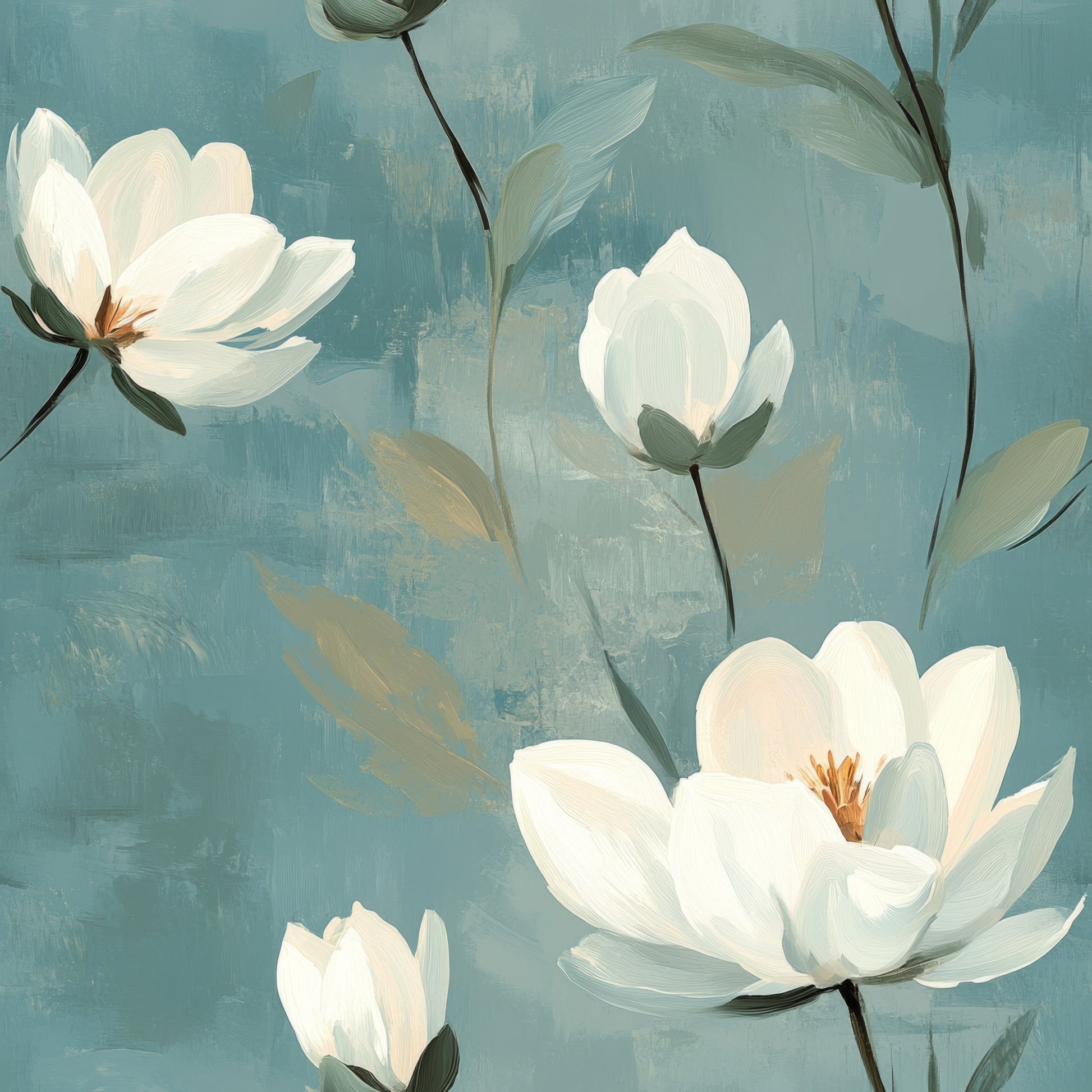 cornflower blue, dusty blue, cream white, soft white, sage green, floral pattern, magnolia flowers, botanical design, delicate petals, flowing stems, graceful leaves, painterly style, serene mood, quilting cotton, fabric panel, spring flowers, elegant blooms, artistic florals, gentle brushstrokes, nature inspired