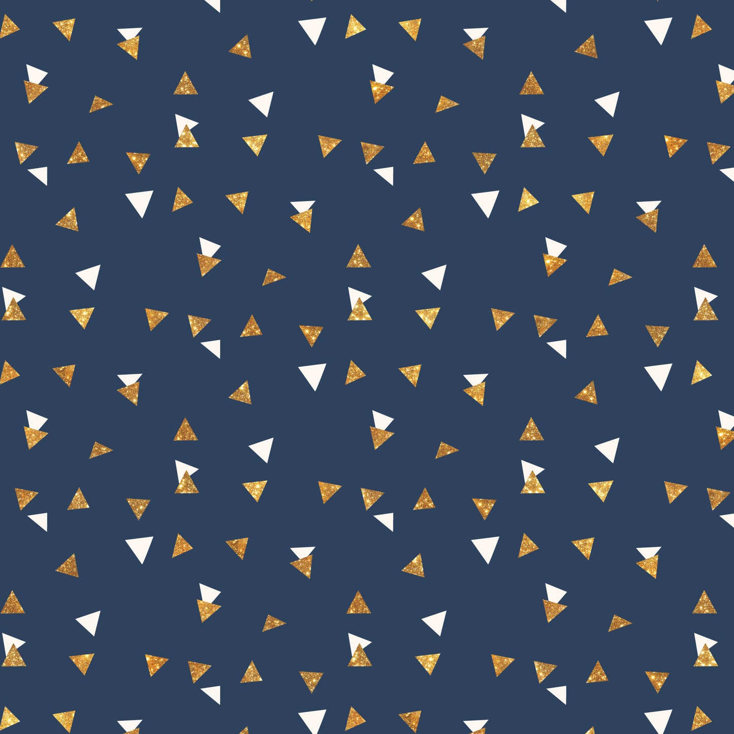 navy blue, gold foil, white triangles, geometric pattern, small triangles, scattered design, metallic accents, confetti style, celebration theme, quilting cotton, fabric panel, festive pattern, random placement, triangle shapes, navy background, gold shimmer, party motif, modern geometric, cotton fabric, celebratory design