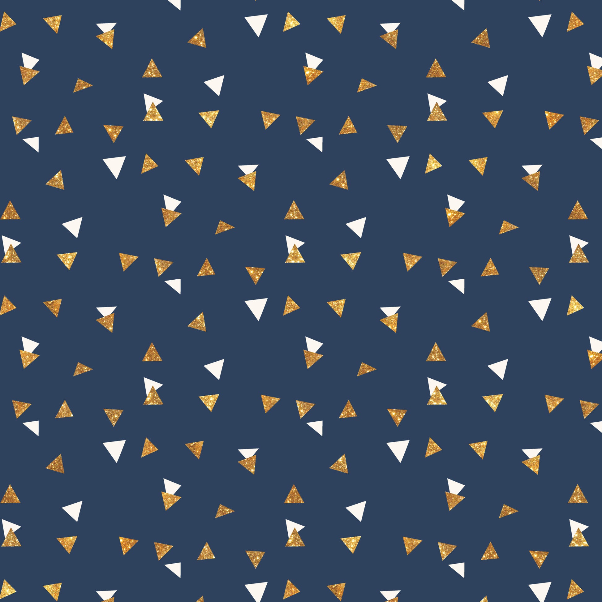 navy blue, gold foil, white triangles, geometric pattern, small triangles, scattered design, metallic accents, confetti style, celebration theme, quilting cotton, fabric panel, festive pattern, random placement, triangle shapes, navy background, gold shimmer, party motif, modern geometric, cotton fabric, celebratory design