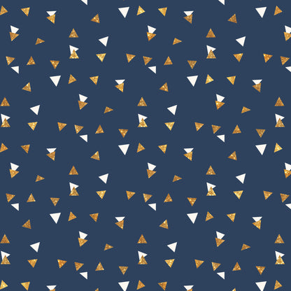 navy blue, gold foil, white triangles, geometric pattern, small triangles, scattered design, metallic accents, confetti style, celebration theme, quilting cotton, fabric panel, festive pattern, random placement, triangle shapes, navy background, gold shimmer, party motif, modern geometric, cotton fabric, celebratory design