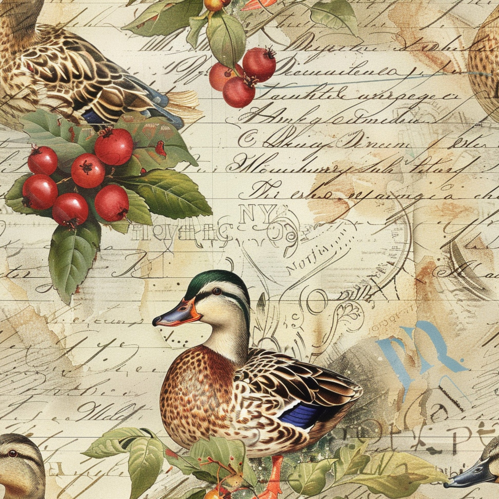 farm life, quilting cotton, fabric panel, ducks, waterfowl, red berries, green leaves, brown tones, cream background, vintage style, botanical elements, nature scene, blue accents, orange beak, patterned feathers, rustic charm, country theme, wildlife motifs, earthy colors, natural elements