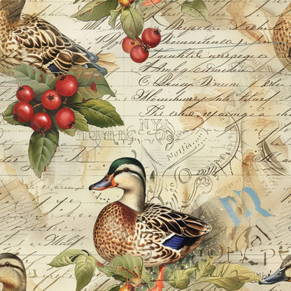 farm life, quilting cotton, fabric panel, ducks, waterfowl, red berries, green leaves, brown tones, cream background, vintage style, botanical elements, nature scene, blue accents, orange beak, patterned feathers, rustic charm, country theme, wildlife motifs, earthy colors, natural elements