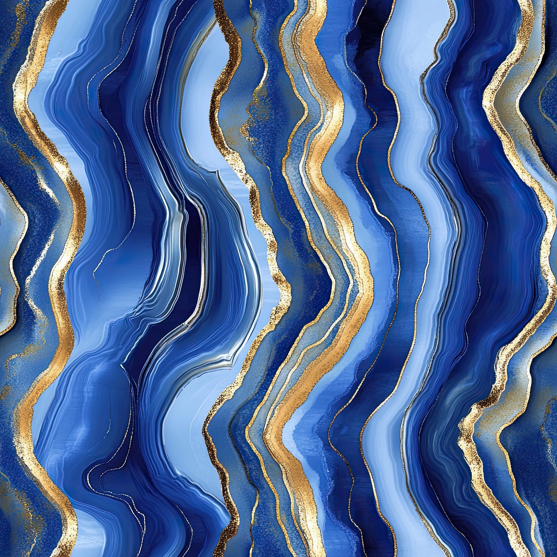 royal blue, navy blue, light blue, gold, white, agate pattern, geode design, wavy lines, flowing stripes, marbled texture, abstract design, geological formation, mineral pattern, luxurious, elegant, quilting cotton, fabric panel, natural stone, organic waves, metallic accents