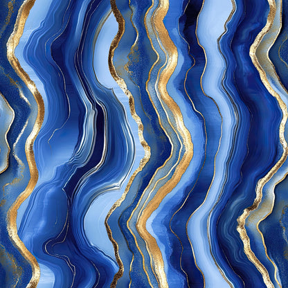 royal blue, navy blue, light blue, gold, white, agate pattern, geode design, wavy lines, flowing stripes, marbled texture, abstract design, geological formation, mineral pattern, luxurious, elegant, quilting cotton, fabric panel, natural stone, organic waves, metallic accents