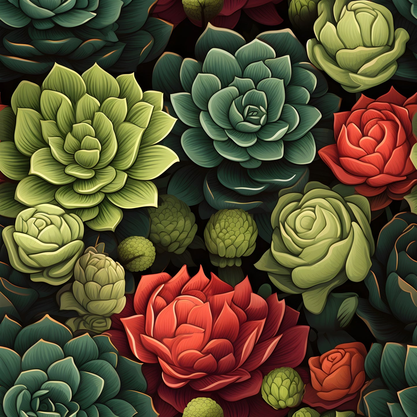 succulents, botanical pattern, quilting cotton, fabric panel, green plants, red flowers, coral blooms, sage green, forest green, lime green, burgundy, coral red, rosette pattern, layered petals, nature motif, garden theme, detailed illustration, realistic style, dark background, desert plants