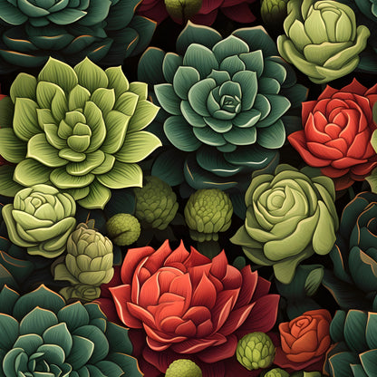 succulents, botanical pattern, quilting cotton, fabric panel, green plants, red flowers, coral blooms, sage green, forest green, lime green, burgundy, coral red, rosette pattern, layered petals, nature motif, garden theme, detailed illustration, realistic style, dark background, desert plants