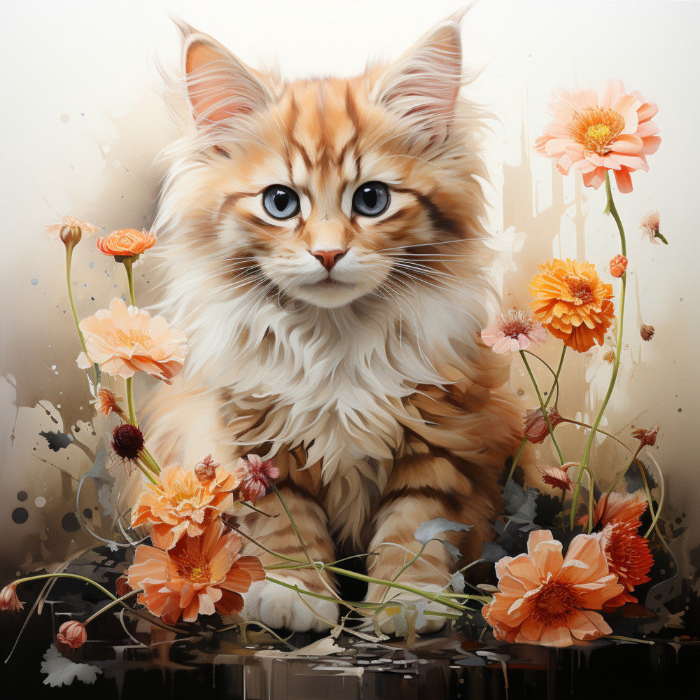 Watercolor Cats with Flowers Fabric Panel 2