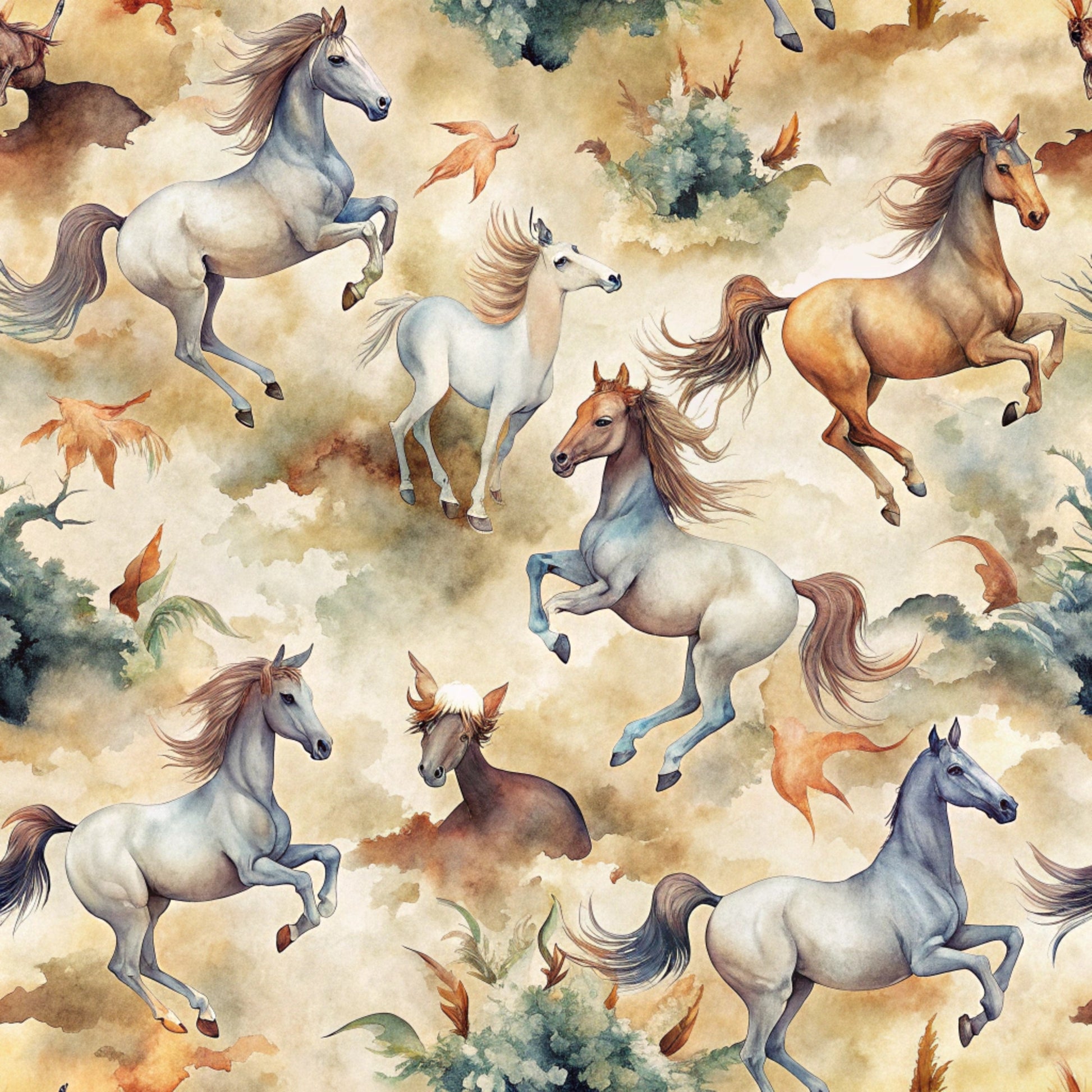 horses, wild horses, watercolor style, autumn leaves, cream background, brown horses, white horses, galloping horses, rearing horses, flowing manes, equestrian theme, nature elements, soft pastels, earth tones, quilting cotton, fabric panel, seamless pattern, rustic artwork, western theme, animal motifs