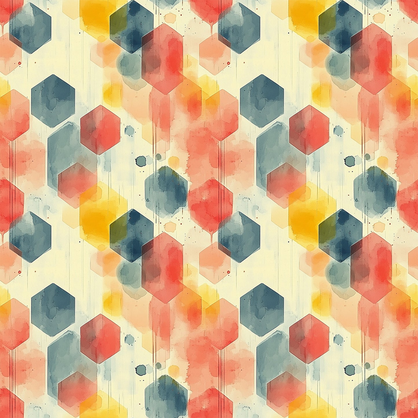 coral, teal, yellow, orange, navy blue, hexagon pattern, geometric shapes, watercolor effect, mid century modern, abstract design, overlapping hexagons, paint drips, splatter details, contemporary art style, quilting cotton, fabric panel, retro aesthetic, modernist pattern, artistic wash, honeycomb structure