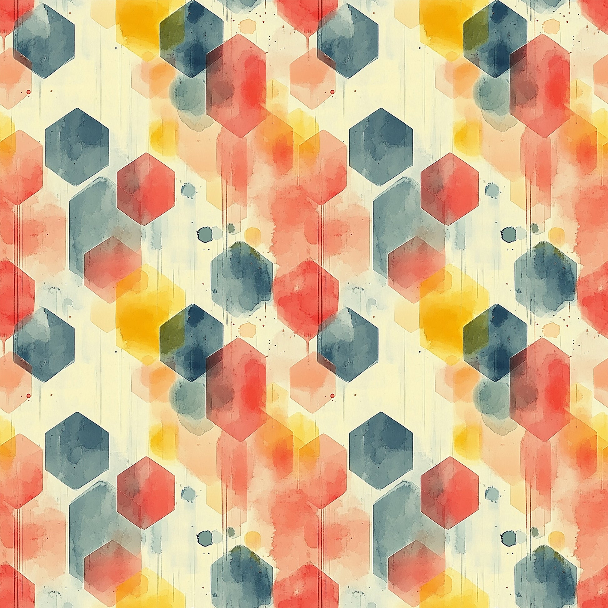 coral, teal, yellow, orange, navy blue, hexagon pattern, geometric shapes, watercolor effect, mid century modern, abstract design, overlapping hexagons, paint drips, splatter details, contemporary art style, quilting cotton, fabric panel, retro aesthetic, modernist pattern, artistic wash, honeycomb structure