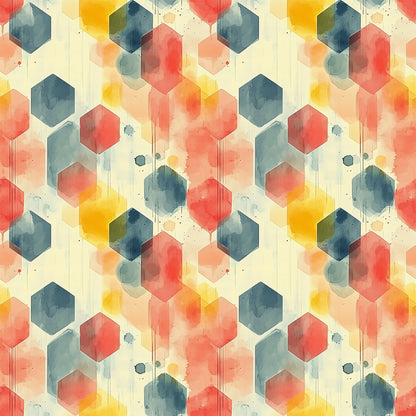 coral, teal, yellow, orange, navy blue, hexagon pattern, geometric shapes, watercolor effect, mid century modern, abstract design, overlapping hexagons, paint drips, splatter details, contemporary art style, quilting cotton, fabric panel, retro aesthetic, modernist pattern, artistic wash, honeycomb structure