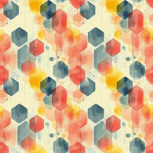 coral, teal, yellow, orange, navy blue, hexagon pattern, geometric shapes, watercolor effect, mid century modern, abstract design, overlapping hexagons, paint drips, splatter details, contemporary art style, quilting cotton, fabric panel, retro aesthetic, modernist pattern, artistic wash, honeycomb structure